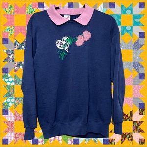 Vintage 90’s Jerzees Women’s Collared Crewneck Sweater Heart & Rose XL